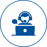 Call center representative with headset and laptop.