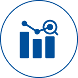Bar chart with magnifying glass icon.
